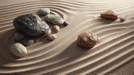 Zen garden with carefully arranged stones and a calming pattern of ripples in the sand, representing tranquility and balance.