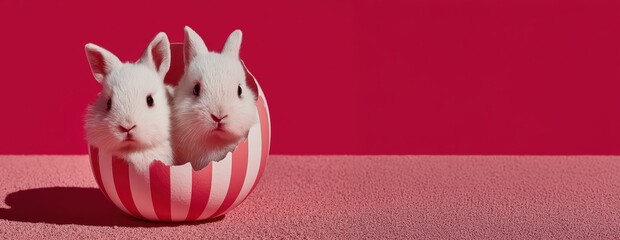 Two Cute White Rabbits Emerging from Striped Ball