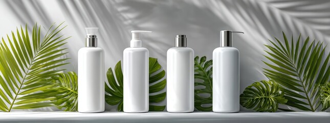 Minimal White Cosmetic Bottles with Tropical Leaves on Natural Background