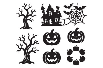 vector set halloween silhouette featuring spooky trees, haunted houses, carved pumpkin faces, spider webs, bats, and pumpkin shapes. Halloween icon. Halloween icon set. © ria3322