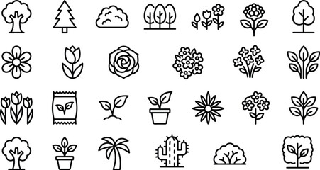 Nature line icons set, trees flowers plants garden symbols, botanical outline collection, ecology vegetation vector design elements for web apps