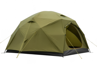 Green tent with open door camping outdoor isolated on a transparent background