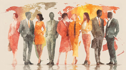 Naklejka premium Group of diverse coworkers standing in front of stylish world map representing global teamwork
