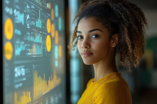 Woman analyzing graphs on screen. - Powered by Adobe