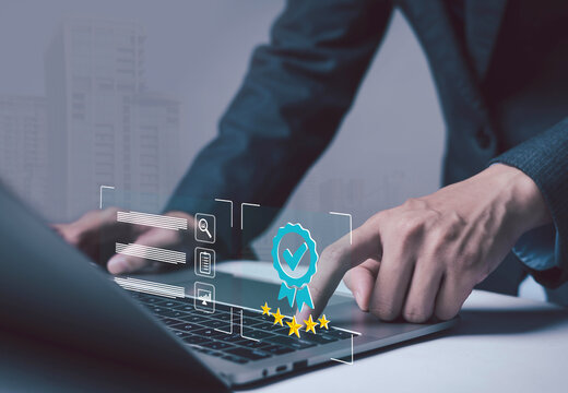 businessman touching a glowing checkmark icon represents quality assurance, successful project completion, and efficient business process management in a modern technology-driven environment.