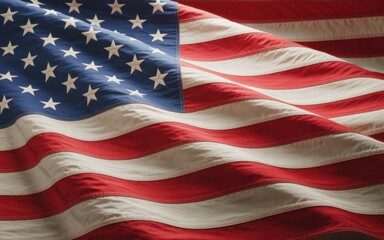 Obraz premium Close up of the American flag with stars and stripes waving in the wind