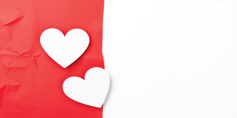 valentine's day, paper hearts, red background, white hearts, heart cutouts, handmade love, romantic craft, minimalist design, love concept, crumpled paper, paper art, anniversary card, wedding invitat