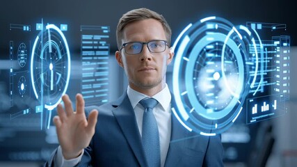 Businessman suit futuristic technology hologram interface digital touchscreen innovation virtual confident professional modern interactive data analysis science progress advanced workplace office - Powered by Adobe