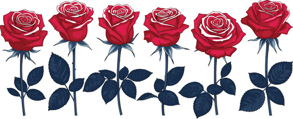 Set of six red rose stems with stylized white highlights and navy blue leaves isolated on white background