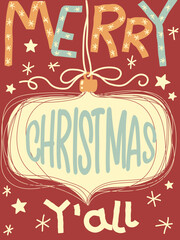 Merry Christmas Y’all vintage card background. Retro Merry Christmas Y’all typography with decorative ornament frame and stars with holiday lettering in warm colors, perfect for greeting cards, poster