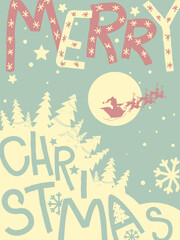 Merry Christmas vintage typography poster background for design. Vintage Merry Christmas with Santa Claus flies through the sky on his reindeers and decorative snowflakes.