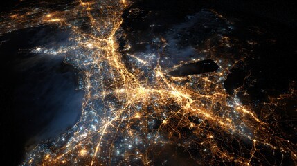 Aerial view of city lights at night from space