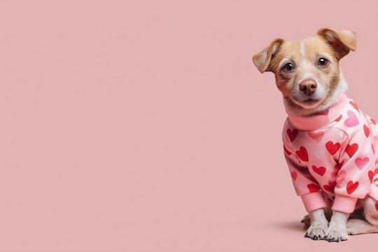 A dog peeking from the side against a pink background.