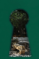 Secret Garden View with Seats through a Keyhole