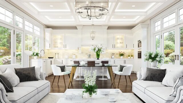 Luxurious White Kitchen and Living Room Interior in a Modern Luxury Home