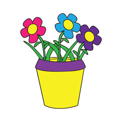 Colorful bouquet of cheerful flowers in a bright yellow pot. Perfect for spring designs, kids projects, greeting cards, and decorative craft artwork.