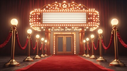 A grand theater entrance with a red carpet and glowing marquee lights