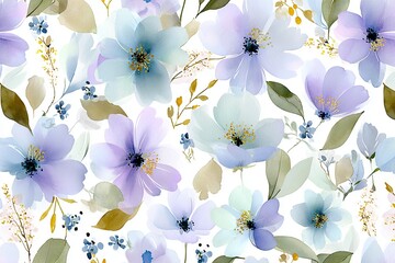 Elegant, chic, vintage watercolor seamless repeating botanical wallpaper pattern with dogwood blooms scattered throughout in various shades of lavender and blue