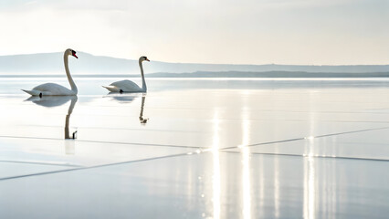 Two elegant white swans gracefully glide across serene waters under a gentle light