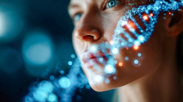 Futuristic close-up of a woman face with glowing digital dna particles overlay, symbolizing artificial intelligence, data analysis, and biometric facial scanning technology