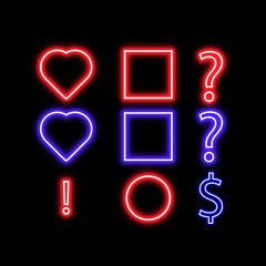 Neon hearts squares circles and symbols glow vividly