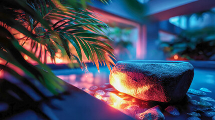 Fototapeta premium Minimalist meditation space with a glowing stone platform over water, combining modern design, nature, and spiritual calm