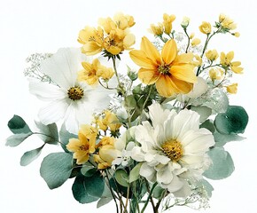 Elegant, chic, vintage watercolor floral bouquet, yellow and white tones, soft pastel featuring  forsythia, rose, cosmos, buttercups, peony, dahlia, poppy, sunflower, white daisy