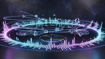 Futuristic holographic data interface with circular digital city and flowing neon analytics creating an advanced sci fi technology visualization. Futuristic holographic data interface scene - Powered by Adobe
