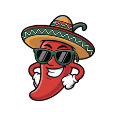 Cool Chili Pepper Mascot Wearing Sombrero and Sunglasses Cartoon Illustration