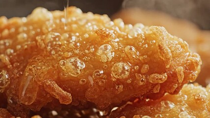 Closeup view of a goldenbrown fried dessert being generously drizzled with sweet glistening honey or syrup showcasing its crispy texture and delicious appeal a perfect treat for any occasion.