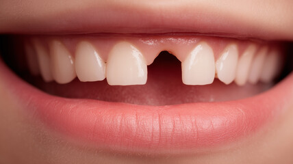 Fototapeta premium A missing front tooth close up showing dental loss and illustrating oral health challenges and treatment concepts. 