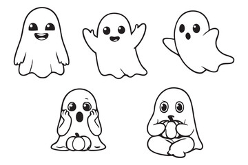 Ghost Outline. Set of Cute Cartoon Ghosts in Various Poses Halloween Clipart