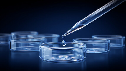 A single droplet falling from a laboratory pipette onto a petri dish symbolizing scientific testing, precision and controlled experimental methodology.

