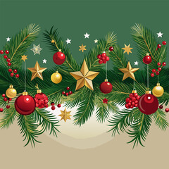 Festive Christmas Pine Garland Banner with Stars and Ornaments Vector