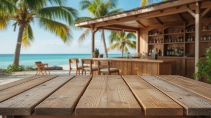 Fototapeta premium Empty Wooden Table with Blurred Tropical Beach Bar and Ocean Background
