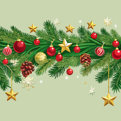 Festive Christmas Pine Garland Banner with Stars and Ornaments Vector