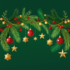 Festive Christmas Pine Garland Banner with Stars and Ornaments Vector