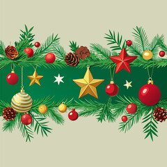 Festive Christmas Pine Garland Banner with Stars and Ornaments Vector