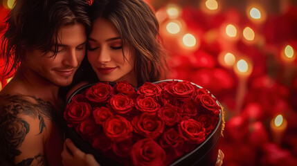Romantic couple embracing with a heart-shaped box of red roses and bokeh lights