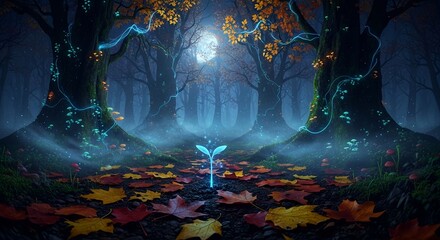 Mystical forest path glowing seedling ancient trees bioluminescent fungi dark atmosphere autumn leaves magical energy pathway fantasy
