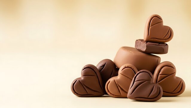 Delicious heart shaped chocolates on a warm beige background
