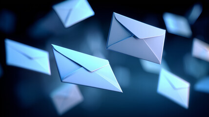 Multiple floating envelopes rendered in a dynamic digital style, representing online communication and the broader concept of fast message exchange.
