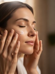 Woman applying cream to her face with her fingers in a gentle skincare routine.
