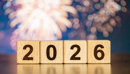 2026 New Year Celebration with Fireworks and Wooden Blocks