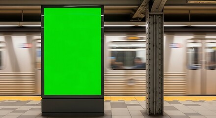 Green screen billboard in subway station with passing train, ideal for advertising and marketing campaigns, offering a dynamic and eyecatching display