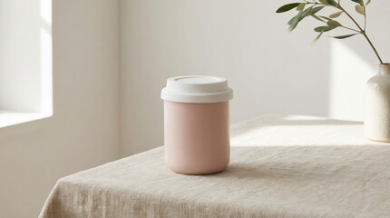 A natural cosmetic cream jar and a white perfume bottle on a spa table with a healthy breakfast yogurt cup in a bright home bathroom interior isolated on a clean white background