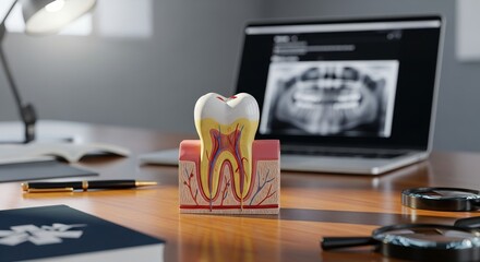 Dental anatomy model cross section tooth structure diagram diagnostic imaging laptop and professional office tools for oral health education