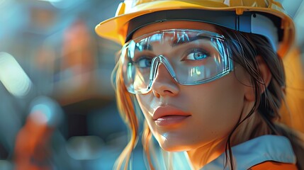Woman engineer wearing hard hat and safety glasses