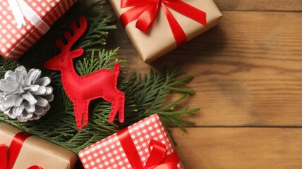 Overhead view of Christmas gifts, red reindeer ornament, pine cone, and fir branches on wooden background