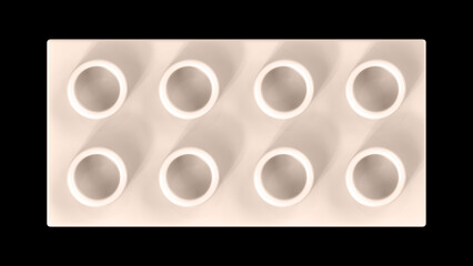 Champagne Pink Plastic Building Block Isolated on a Black Background. Close Up View of a Plastic Children Game Brick for Constructors, Top View. High Quality 3D Rendering with a Work Path. 8K Ultra HD